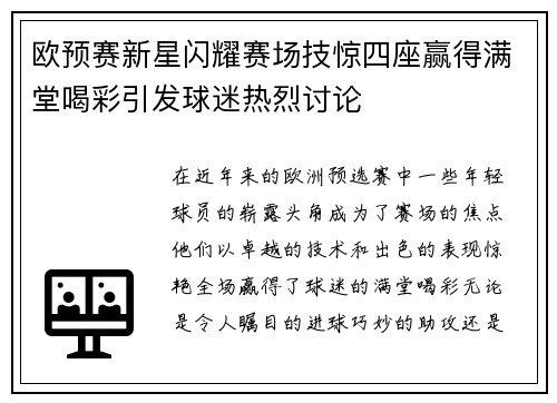 欧预赛新星闪耀赛场技惊四座赢得满堂喝彩引发球迷热烈讨论