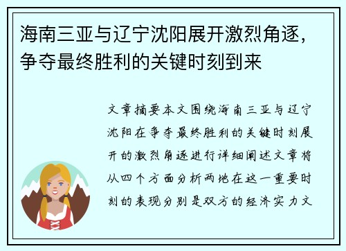 海南三亚与辽宁沈阳展开激烈角逐，争夺最终胜利的关键时刻到来