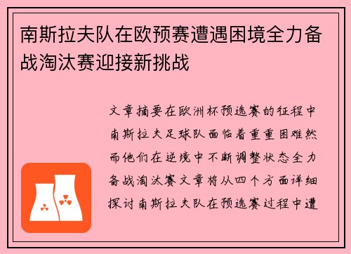 南斯拉夫队在欧预赛遭遇困境全力备战淘汰赛迎接新挑战