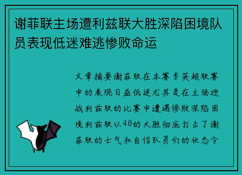 谢菲联主场遭利兹联大胜深陷困境队员表现低迷难逃惨败命运